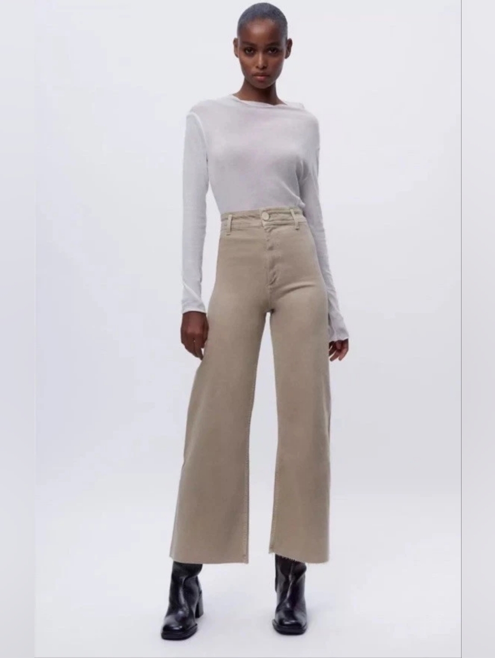 ZARA Marine Straight Patch Pocket Jean Sz 8 Wide Leg Raw Hem Beige Stone - Picture 2 of 14